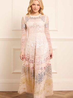 Needle & Thread Blush Multi-Sequin Long Sleeve Maxi Dress